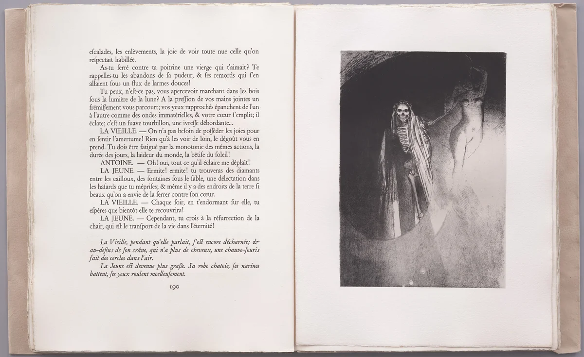 Death: It Is I Who Makes You Serious; Let Us Embrace (La Mort: C'est moi qui te rends serieuse; enlaçons-nous) (plate XVIII) from La Tentation de Saint-Antoine by Odilon Redon, illustrated book, 1896