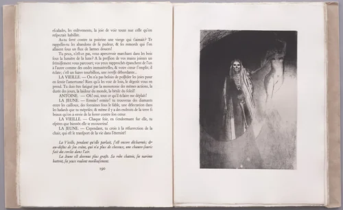 Death: It Is I Who Makes You Serious; Let Us Embrace (La Mort: C'est moi qui te rends serieuse; enlaçons-nous) (plate XVIII) from La Tentation de Saint-Antoine by Odilon Redon, illustrated book, 1896