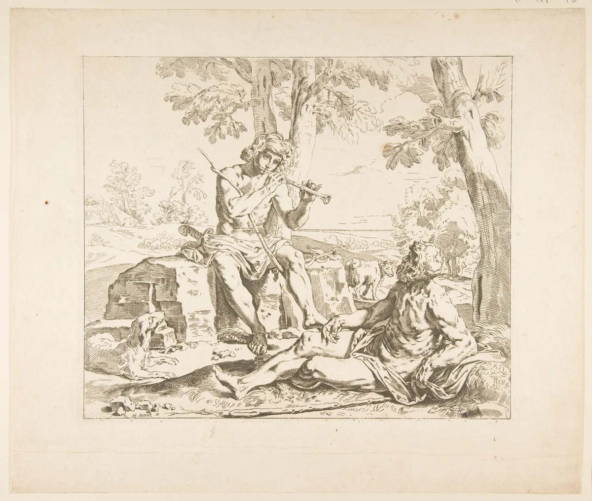 Mercury and Argus, counterproof of copy in reverse after Cantarini by Simone Cantarini, print, 1625-1635