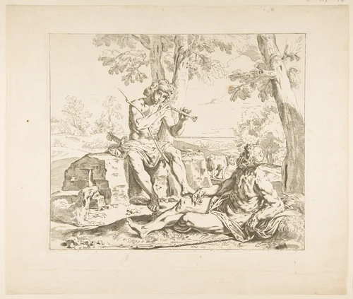 Mercury and Argus, counterproof of copy in reverse after Cantarini by Simone Cantarini, print, 1625-1635