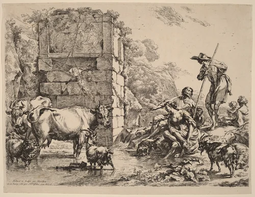 Cow Drinking by Nicolaes Pietersz Berchem, print, 1680