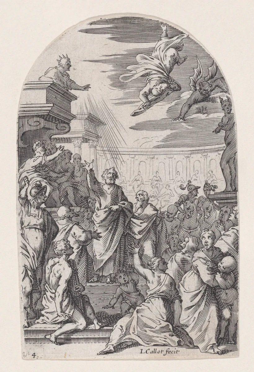 The Fall of Simon the Magician, plate 4 from "Les Tableaux de Rome, Les Eglises Jubilaires" (The Paintings of Rome, The Churches Jubilee) by Jacques Callot, print, 1607-1611