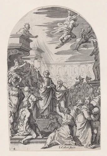 The Fall of Simon the Magician, plate 4 from "Les Tableaux de Rome, Les Eglises Jubilaires" (The Paintings of Rome, The Churches Jubilee) by Jacques Callot, print, 1607-1611