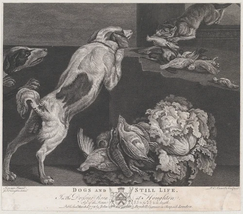 Dogs and Still Life by Pierre-Charles Canot, print, 1778