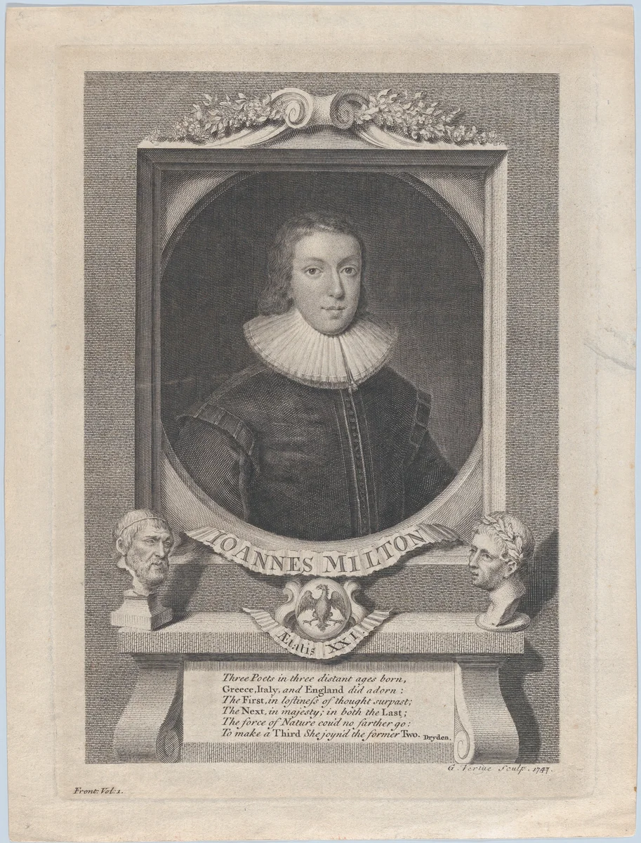 John Milton, Age 21 by George Vertue, print, 1747