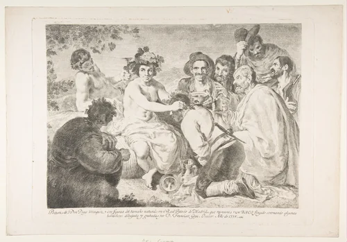 A False Bacchus Crowning Drunkards by Goya, print, 1778