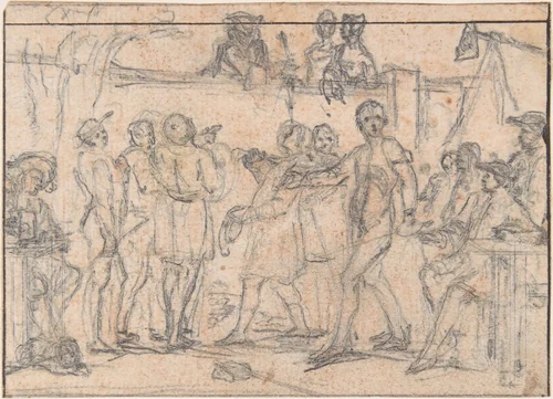 Study for "The Challenge," etched vignette in "Songs in the Opera of Flora" by Hubert François Gravelot, drawing, 1732-1742