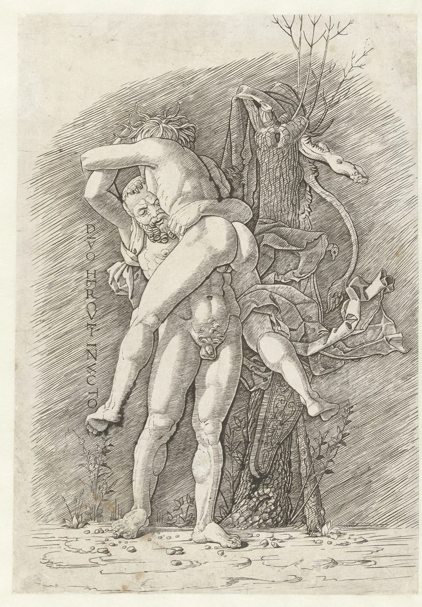 Hercules en Antaeus by Unknown, print, 1475-1499