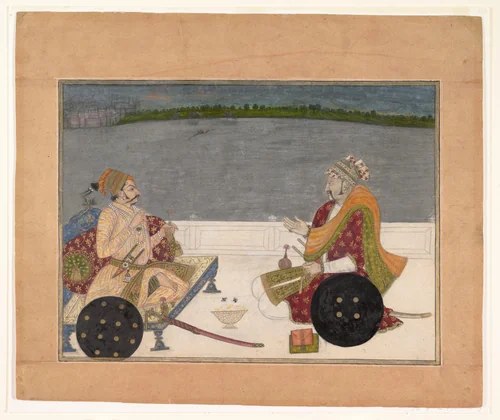 Prince Padam Singh of Bikaner with His Bard Gordhar on a Terrace at Night by Bhavani Das, painting, 1715-1735