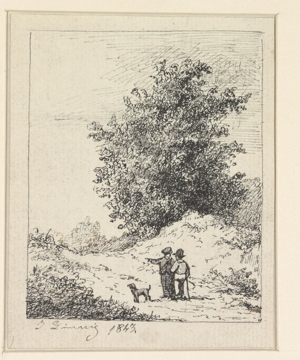 Landschap bij Tienen met twee mannen en een hond by Jean Théodore Joseph Linnig, drawing, 1843
