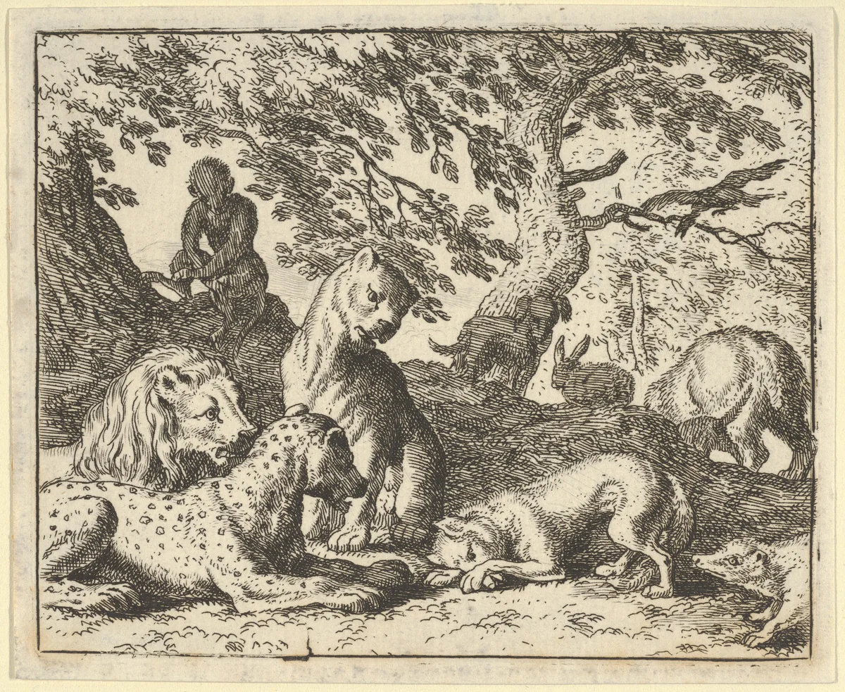 Renard Falsely Accuses His Father of Conspiring Against the Lion from Hendrick van Alcmar's Renard The Fox by Allart van Everdingen, print, 1650-1675