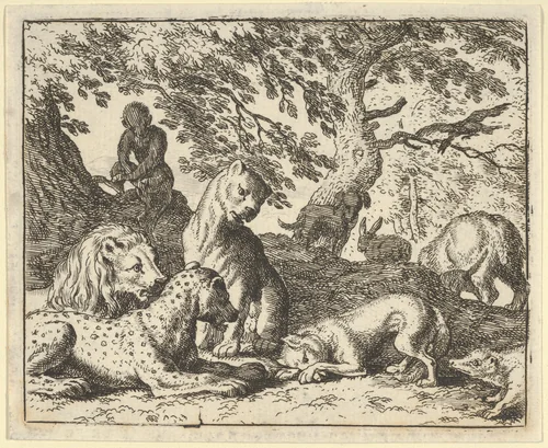 Renard Falsely Accuses His Father of Conspiring Against the Lion from Hendrick van Alcmar's Renard The Fox by Allart van Everdingen, print, 1650-1675
