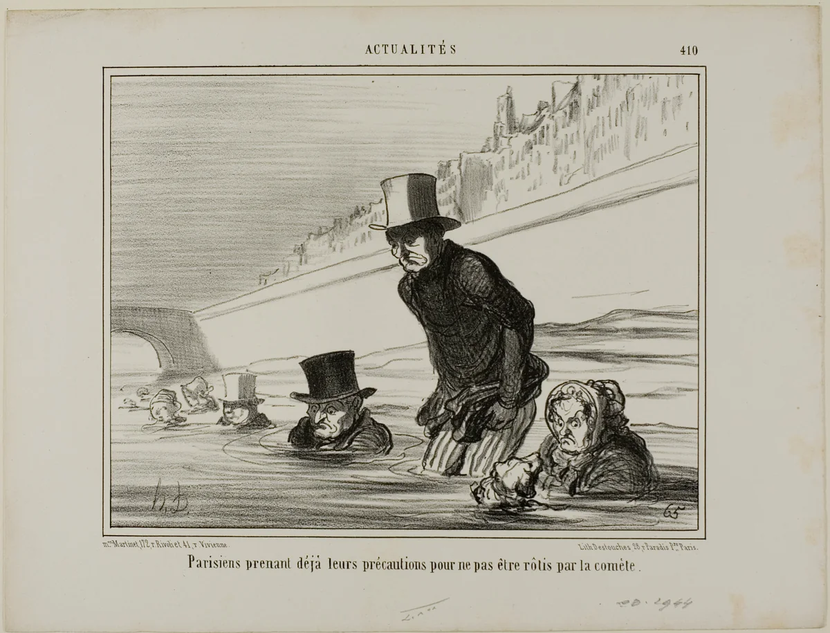 Parisians already taking their precautions to avoid being roasted by the comet, plate 410 from Actualités by Honoré-Victorin Daumier, print, 1857