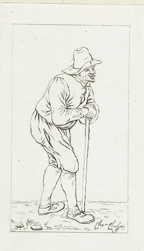 Man leunend op stok by Pieter de Mare, print, 1779