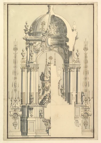 Elevation and Section of the Catafalque for Anna Cristina, Wife of Carlo Emanuele III of Savoy by Giuseppe Galli Bibiena, drawing, 1696-1756