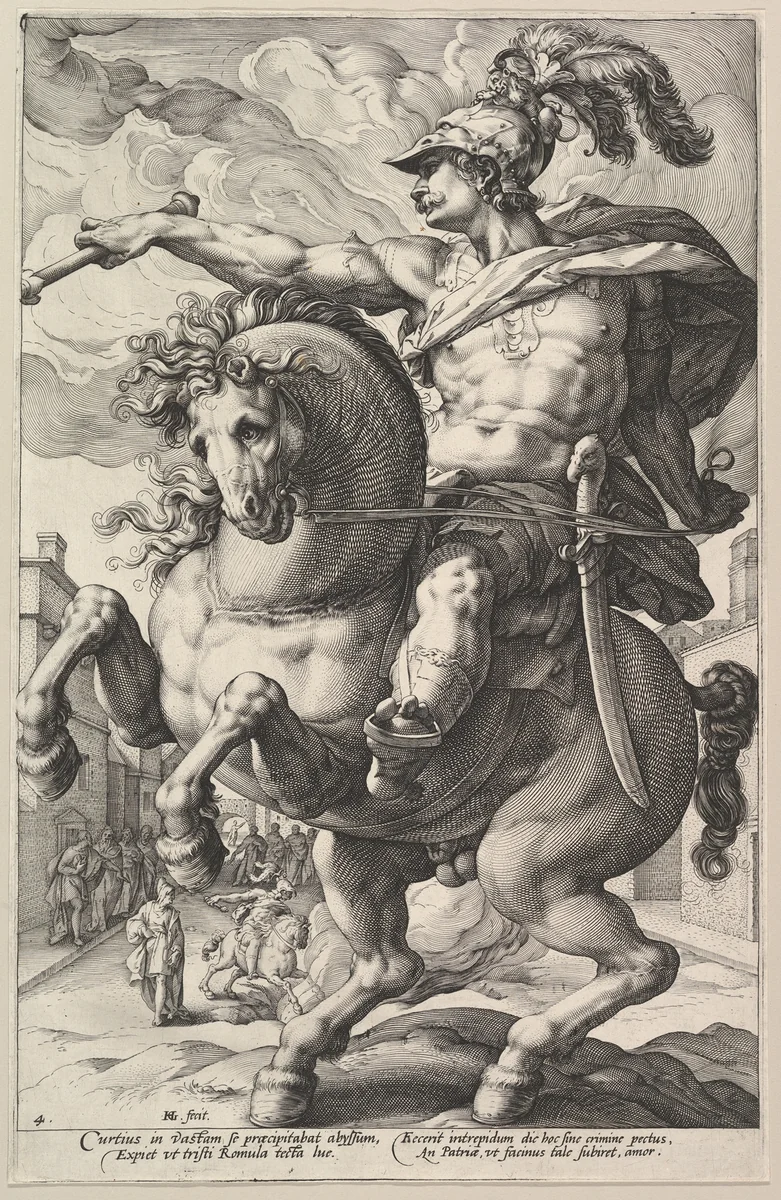 Marcus Curtius, from "The Roman Heroes" by Hendrick Goltzius, print, 1586
