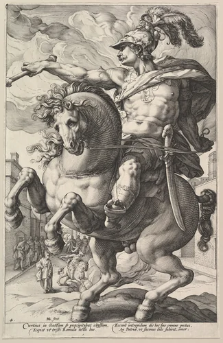 Marcus Curtius, from "The Roman Heroes" by Hendrick Goltzius, print, 1586