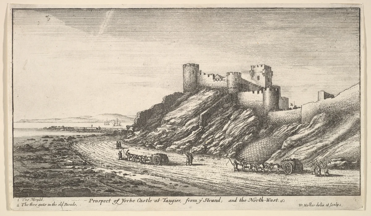 Prospect of Yorke Castle at Tangier, from ye Strand, and the North-West, from "Views of Tangier" by Wenceslaus Hollar, print, 1669-1673
