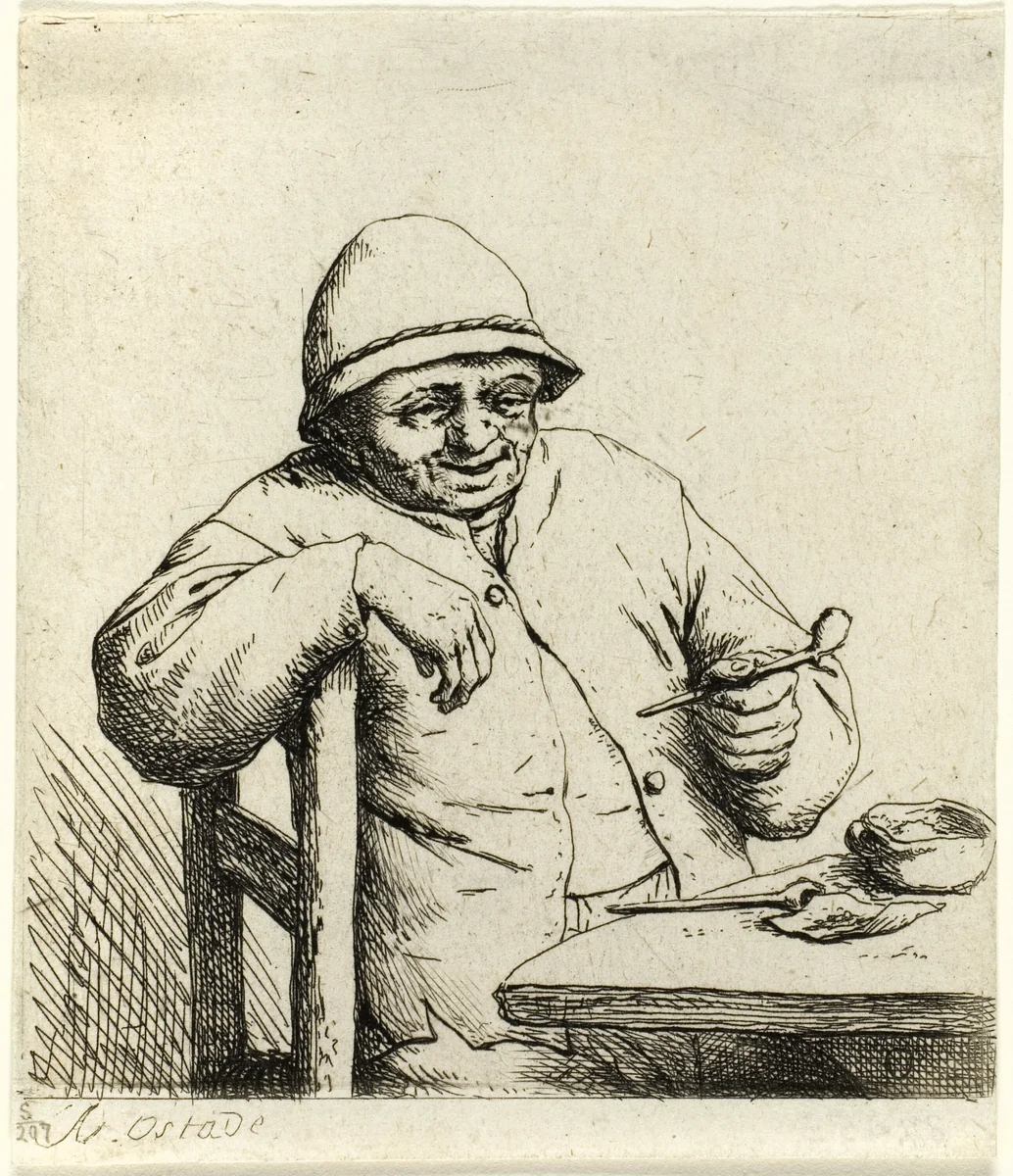Smoker Leaning on the Back of a Chair by Adriaen van Ostade, print, 1547-1657
