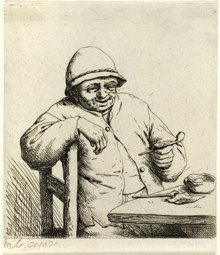 Smoker Leaning on the Back of a Chair by Adriaen van Ostade, print, 1547-1657