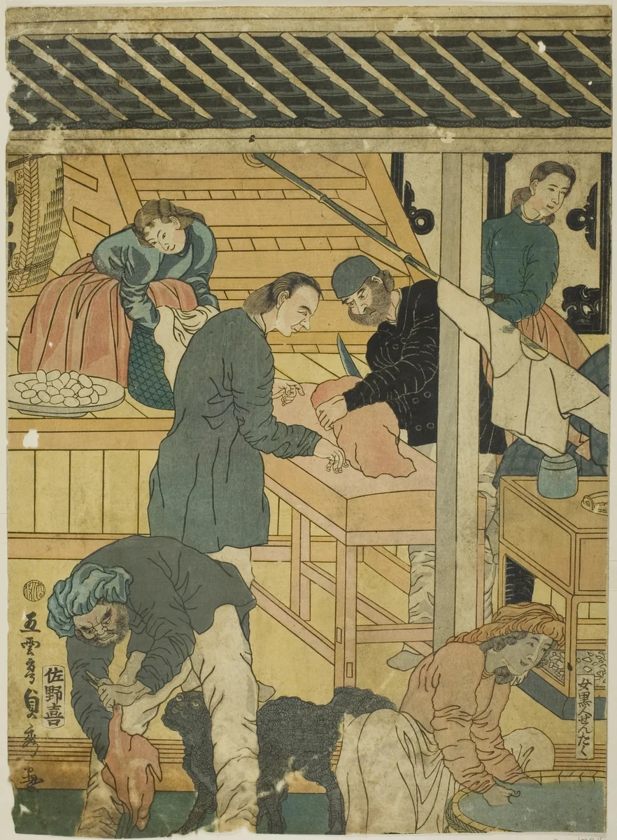 Sales Room at a Foreign Merchant Shop in Yokohama (Yokohama ijin shokan uriba no zu) by Utagawa Sadahide, print, 1861