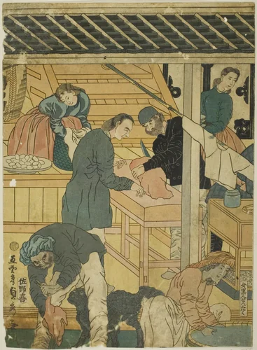 Sales Room at a Foreign Merchant Shop in Yokohama (Yokohama ijin shokan uriba no zu) by Utagawa Sadahide, print, 1861
