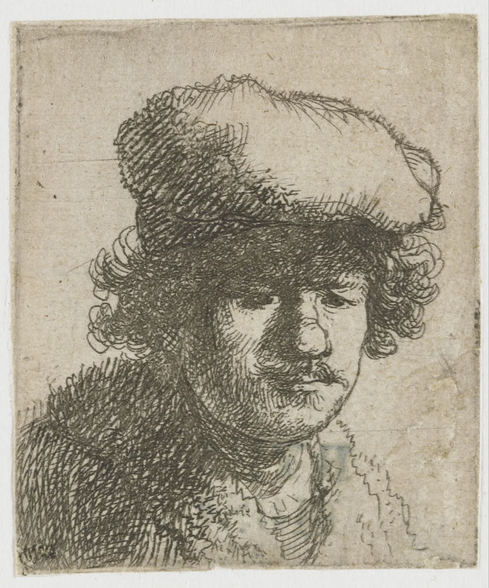 Self-portrait with cap pulled forward by Rembrandt van Rijn, print, 1630