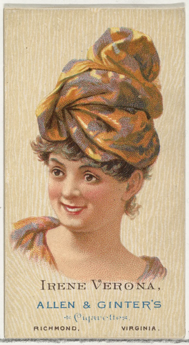 Irene Verona, from World's Beauties, Series 2 (N27) for Allen & Ginter Cigarettes by Allen & Ginter, print, 1888