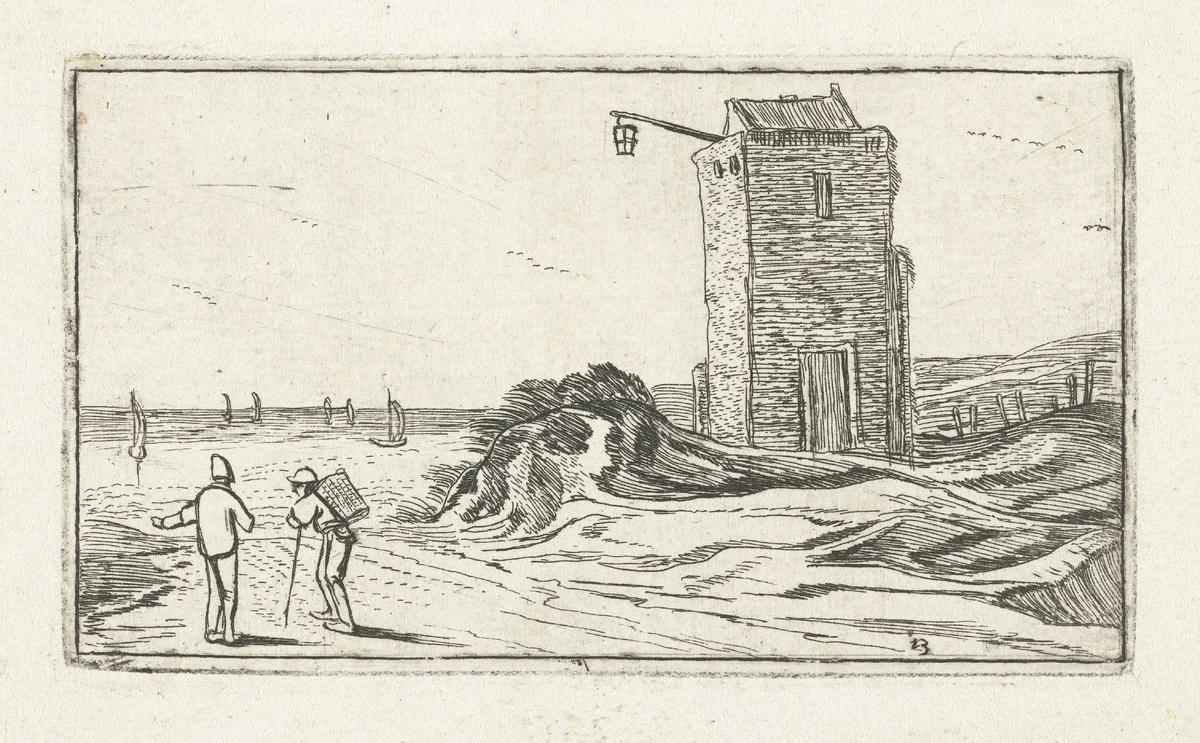 Pad langs een vuurtoren aan het strand by anonymous, print, 1610-1617
