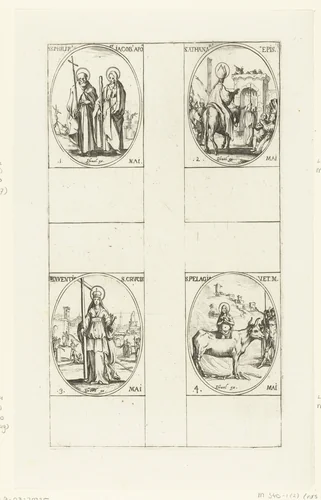 Heilige Filippus en Heilige Jakobus de Mindere, Heilige Athanasius de Grote, Kruisvinding, Heilige Pelagia van Tarsus (1-4 mei) by Jacques Callot, print, 1632-1636