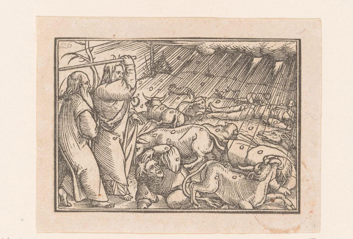 Zevende plaag: hagel by anonymous, print, 1522