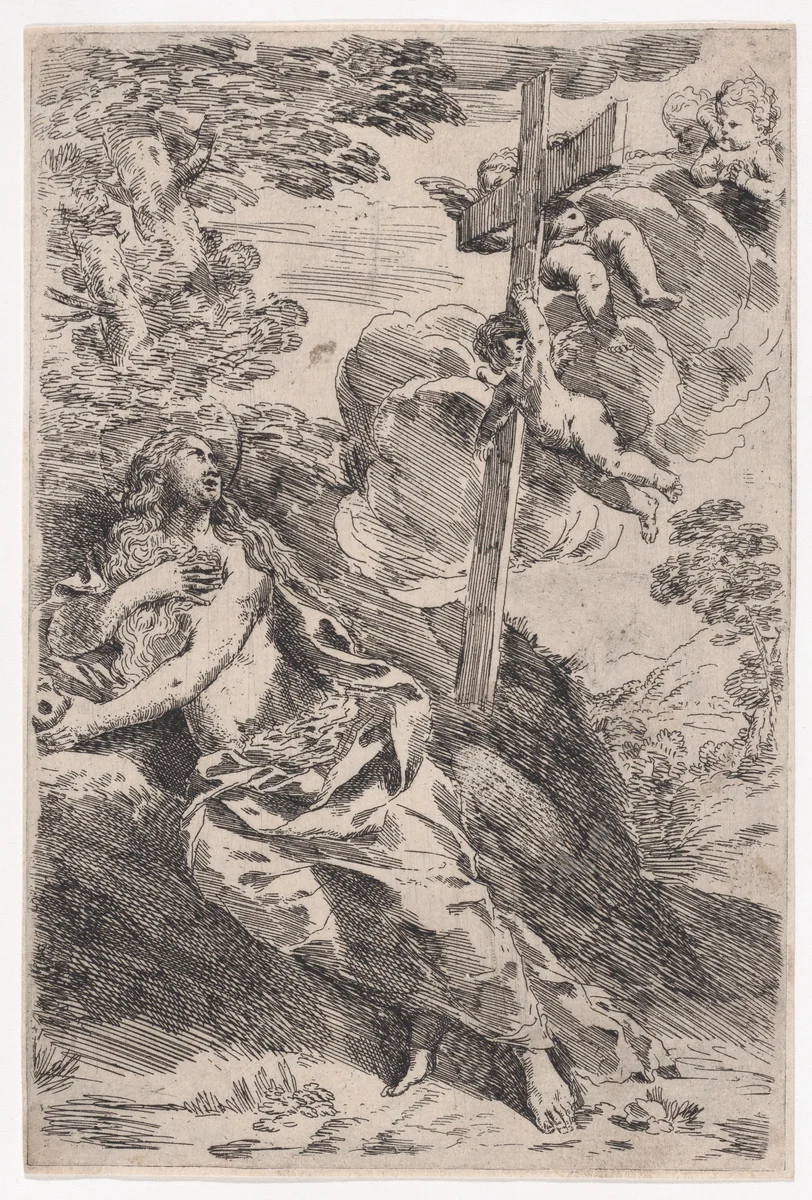 Mary Magdalene in the desert, a cross borne by angels at the right by Pietro Testa, print, 1600-1650