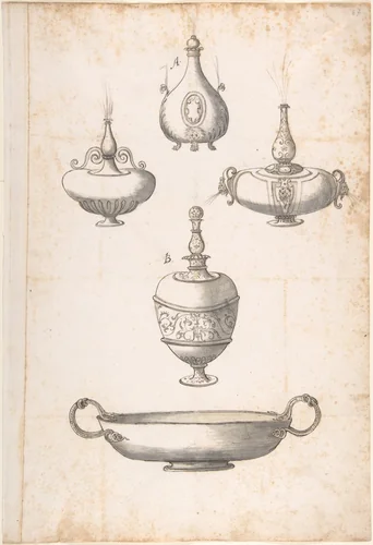 Design for Shallow Two Handled Dish and Four Perfume Bottles by Erasmus Hornick, drawing, 1500-1583