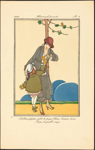 Tailleur pépita, gilet de piqué blanc, boutons dorés. Toque de paille rouge. by French 20th Century, print, 1919