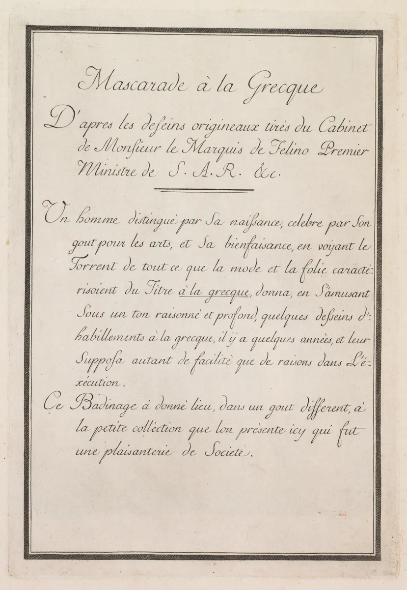 Mascarade à la Grecque: Title Page, Plate 1 by Benigno Bossi, print, 1771