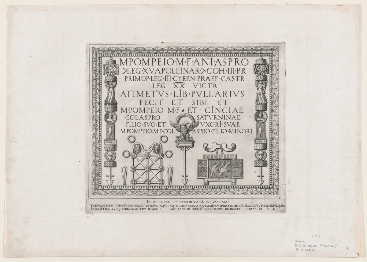 A Marble Plaque with Military Insignia, from "Speculum Romanae Magnificentiae" by Nicolas Beatrizet, print, 1551