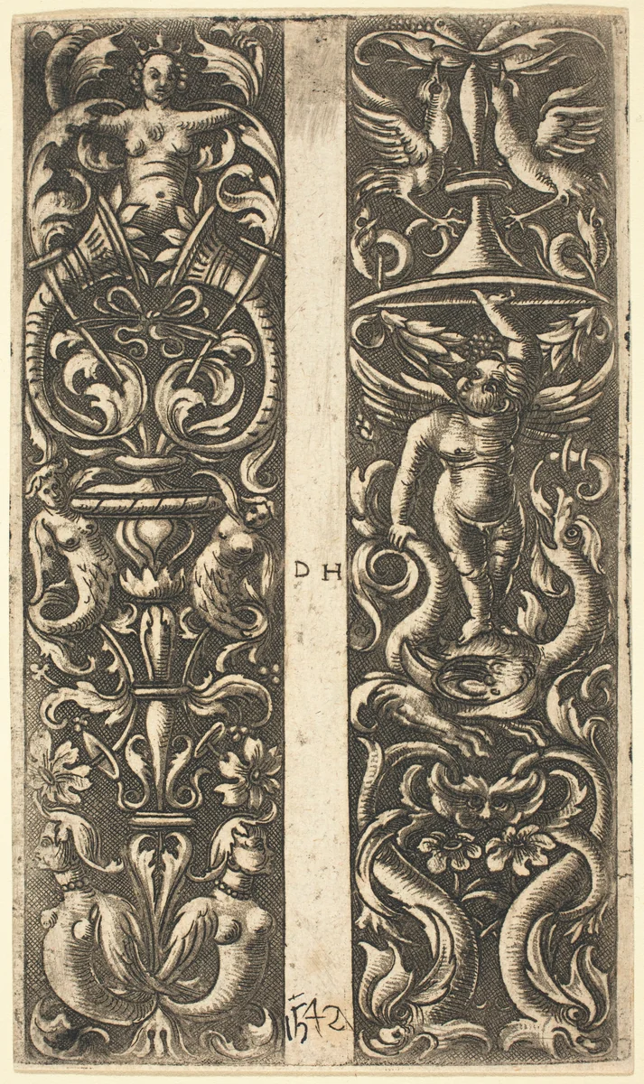 Ornament with Sirens and Ornament with Genius by Daniel Hopfer; David Funck, print, 1505-1536