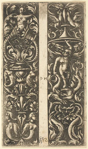 Ornament with Sirens and Ornament with Genius by Daniel Hopfer; David Funck, print, 1505-1536