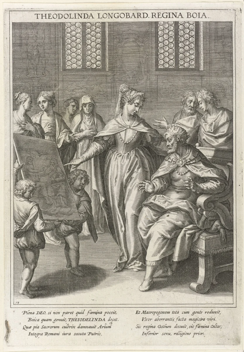 Bekering van de koning van de Lombarden door koningin Theodelinda by Raphaël Sadeler, print, 1615