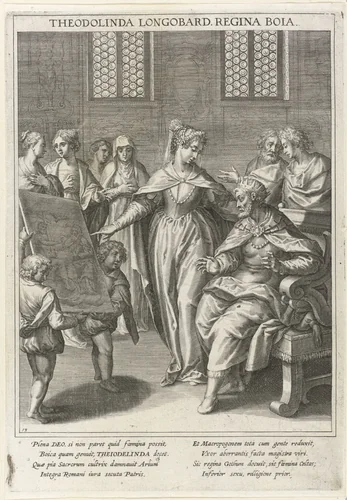 Bekering van de koning van de Lombarden door koningin Theodelinda by Raphaël Sadeler, print, 1615