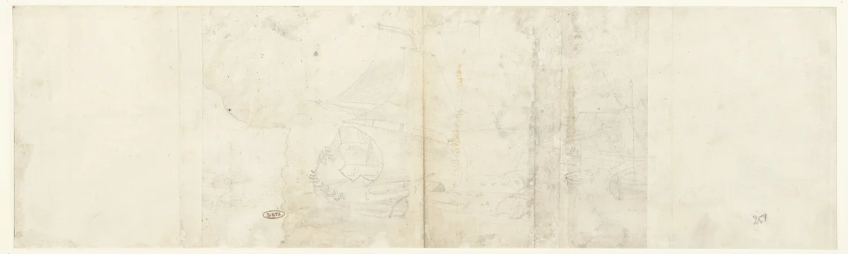 Enkele zeilschepen en kleinere boten in een haven by Joris Hoefnagel, drawing, 1595-1601