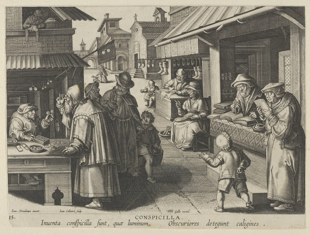 New Inventions of Modern Times [Nova Reperta], The Invention of Eyeglasses, plate 15 by Jan Collaert, print, 1595-1605