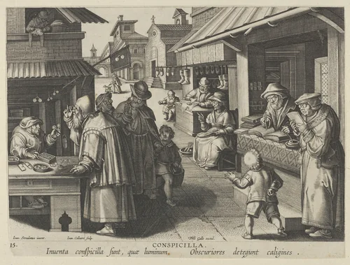 New Inventions of Modern Times [Nova Reperta], The Invention of Eyeglasses, plate 15 by Jan Collaert, print, 1595-1605