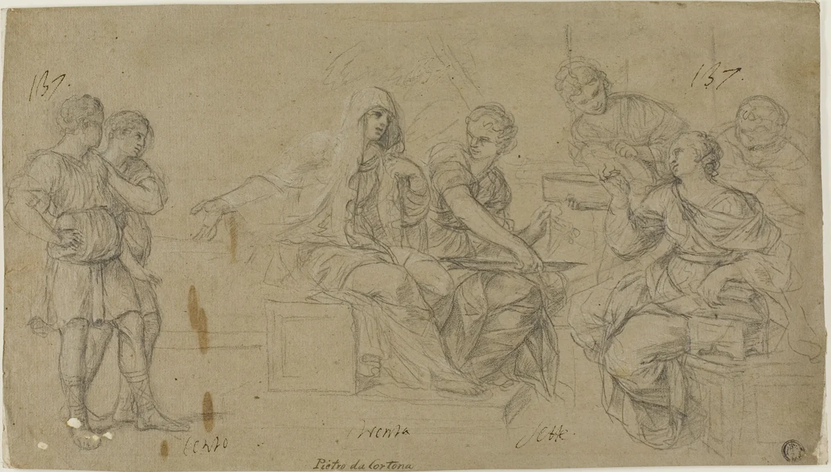 Cornelia Exhibiting Her Two Sons to a Friend by Livio Mehus, drawing, 1645-1691