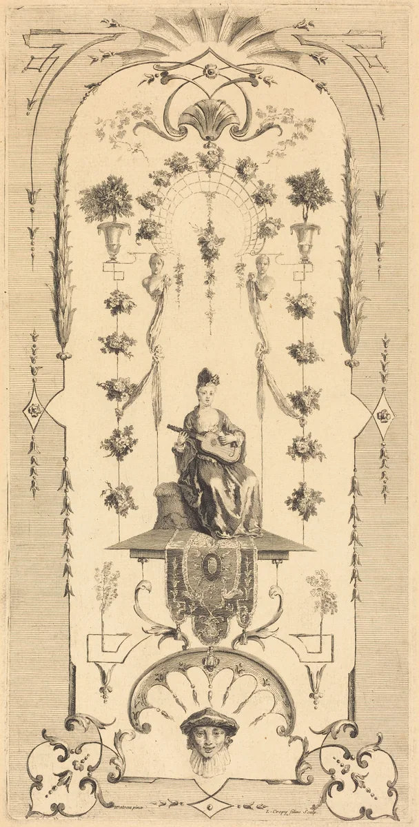 Seated Woman Playing a Guitar by Louis Crépy; Antoine Watteau, print, 1680-1760