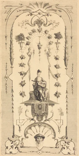 Seated Woman Playing a Guitar by Louis Crépy; Antoine Watteau, print, 1680-1760