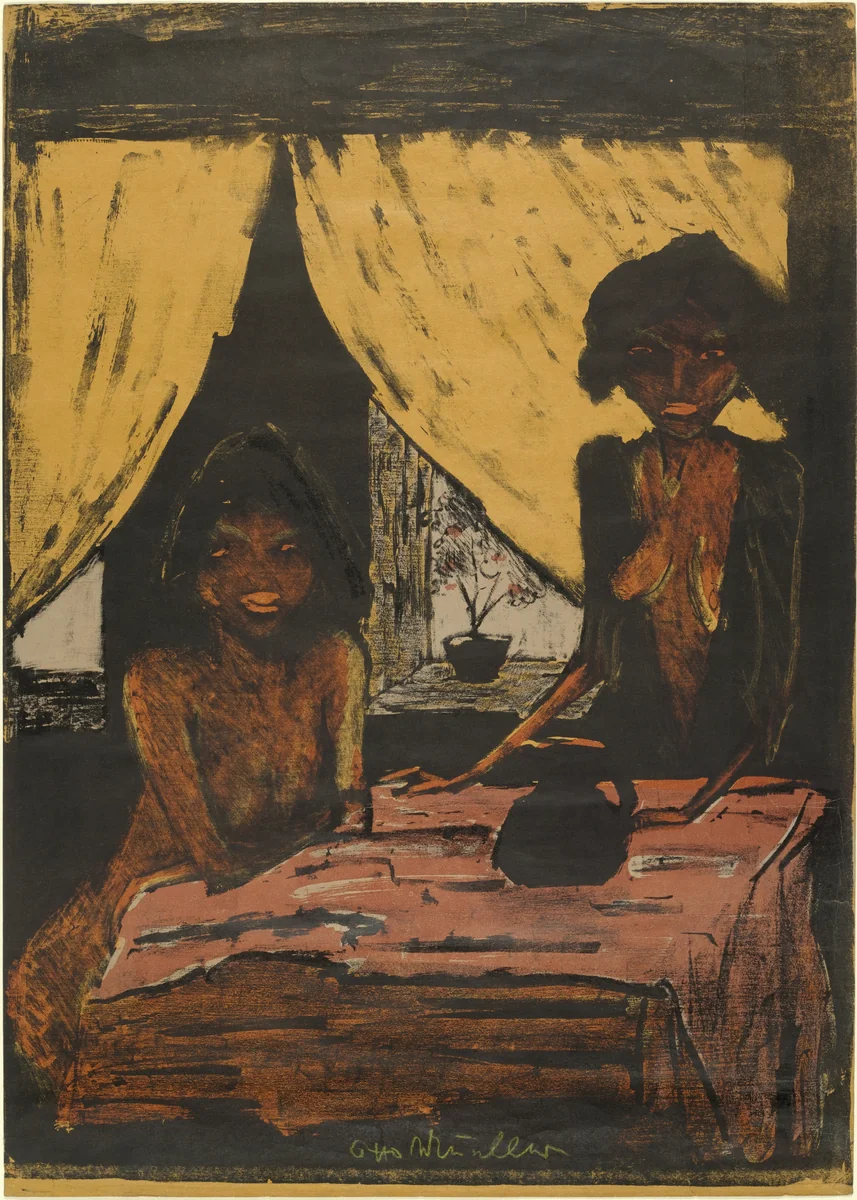 Two Gypsy Girls in Living Room (Zwei Zigeunermädchen im Wohnraum) from the portfolio Gypsies (Zigeuner) by Otto Mueller, print, 1926