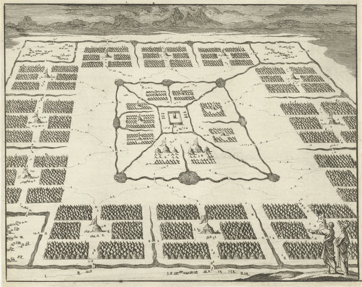 Tentenkampen van de twaalf stammen van Israël opgesteld rondom het tabernakel by anonymous, print, 1683-1762