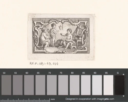 Vignet met wol oprollende en naaiende putti by Jacques-Philippe Le Bas, print, 1717-1783
