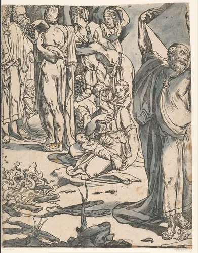 Mozes breekt de tafelen der wet (tweede deel) by Andrea Andreani, print, 1590